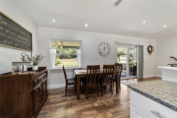 Dining room, Interior, Recessed Lighting, Wood Texture Flooring