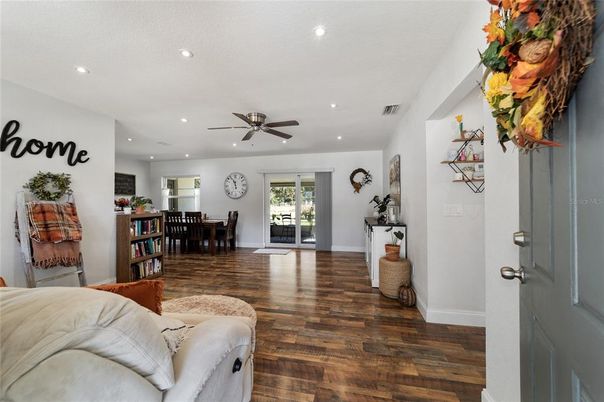 Dining room, Interior, Recessed Lighting, Wood Texture Flooring