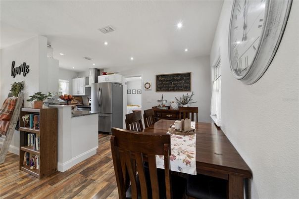 Dining room, Interior, Kitchen, Recessed Lighting, Wood Texture Flooring