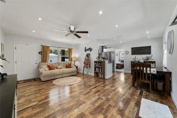 Dining room, Interior, Kitchen, Living room, Recessed Lighting, Wood Texture Flooring