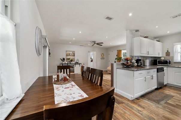 Dining room, Interior, Kitchen, Recessed Lighting, Wood Texture Flooring