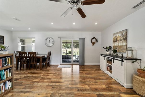 Dining room, Interior, Recessed Lighting, Wood Texture Flooring