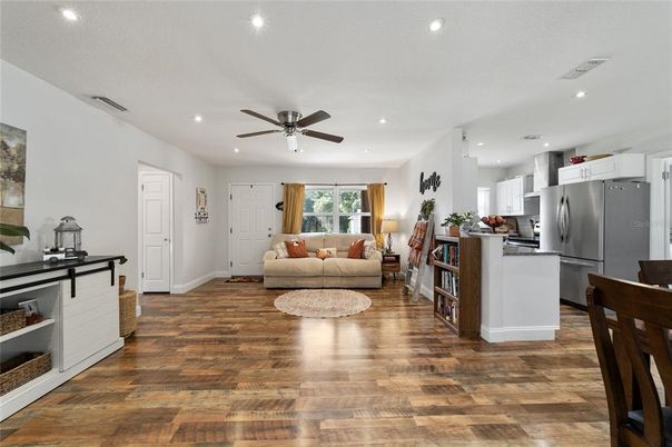 Interior, Kitchen, Living room, Recessed Lighting, Stainless Steel Appliances, Wood Texture Flooring