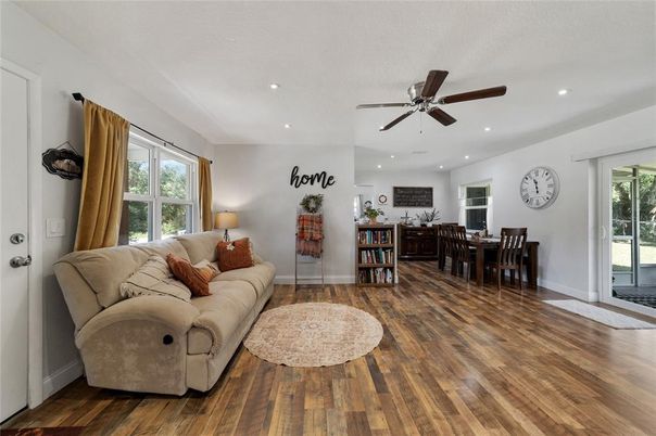 Dining room, Interior, Living room, Recessed Lighting, Wood Texture Flooring