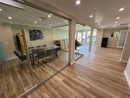 Dining room, Interior, Recessed Lighting, Wood Texture Flooring
