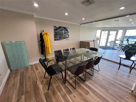 Dining room, Interior, Recessed Lighting, Wood Texture Flooring