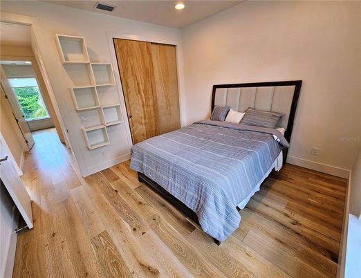 Bedroom, Interior, Recessed Lighting, Wood Texture Flooring