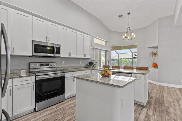 Interior, Kitchen, Pendant Lights, Stainless Steel Appliances, Wood Texture Flooring