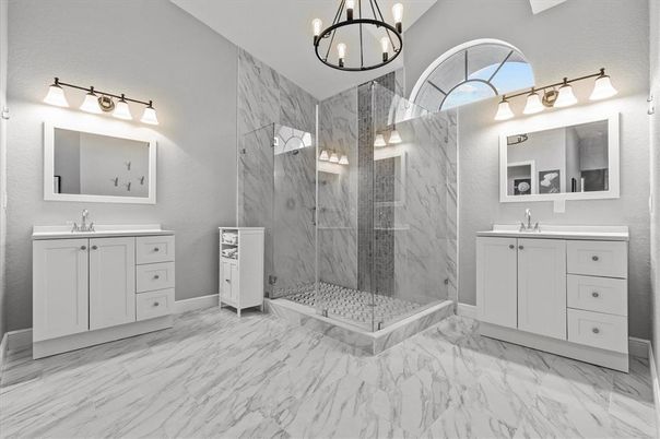 Bathroom, Dual Sink Vanities, Glass Shower, Interior, Marble, Marble Walls, Pendant Lights
