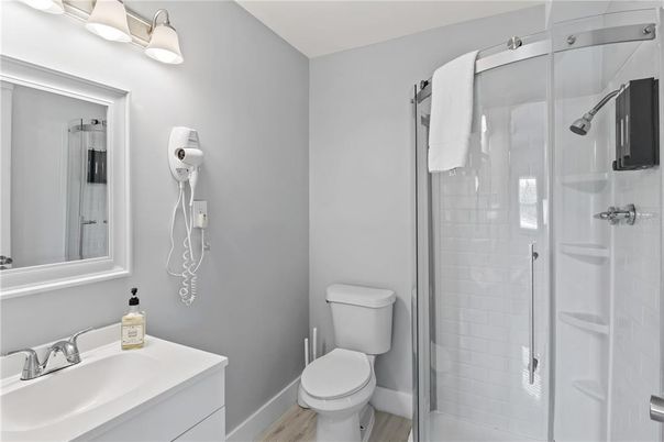 Bathroom, Glass Shower, Interior, Wood Texture Flooring