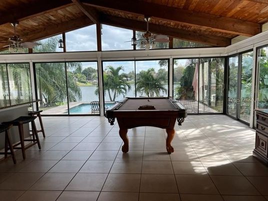 Billiard Table, Game Room, Interior, Sun Room, Water, Wooden Beams, Wooden Ceilings