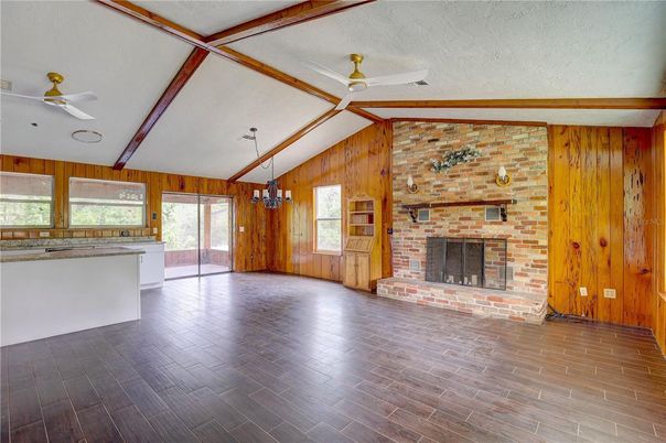 Empty room, Fireplace, Interior, Stone Walls, Wood Texture Flooring, Wooden Walls