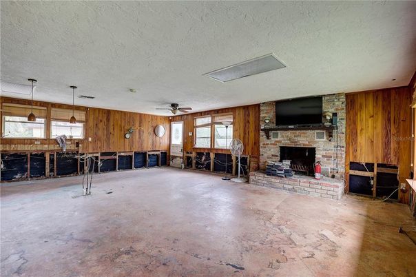 Fireplace, Interior, Pendant Lights, Stone Walls, Wooden Walls