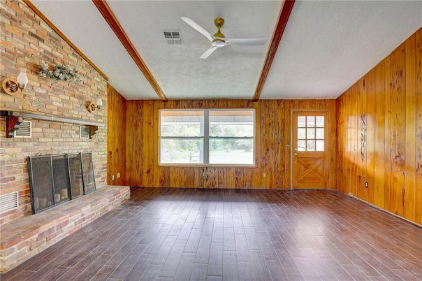 Empty room, Fireplace, Interior, Stone Walls, Wood Texture Flooring, Wooden Walls
