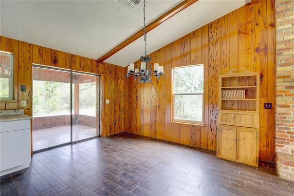 Chandelier, Empty room, Interior, Stone Walls, Wooden Beams, Wood Texture Flooring, Wooden Walls