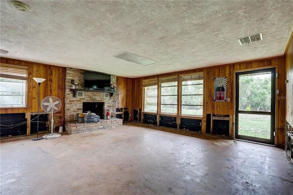 Empty room, Fireplace, Interior, Stone Walls, Wooden Walls