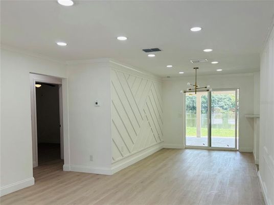 Empty room, Interior, Pendant Lights, Recessed Lighting, Wood Texture Flooring