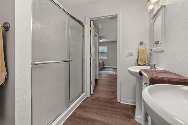 Bathroom, Glass Shower, Interior, Wood Texture Flooring