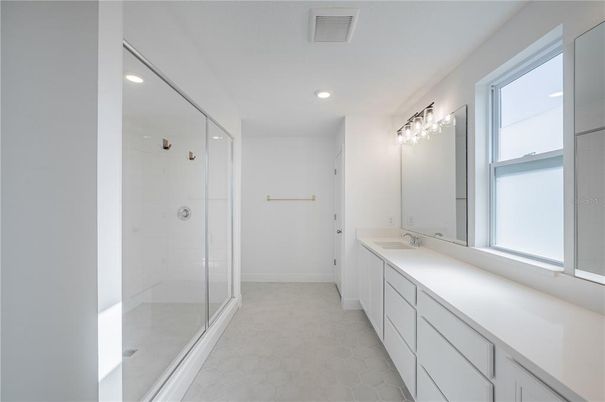 Bathroom, Dual Sink Vanities, Glass Shower, Interior, Recessed Lighting