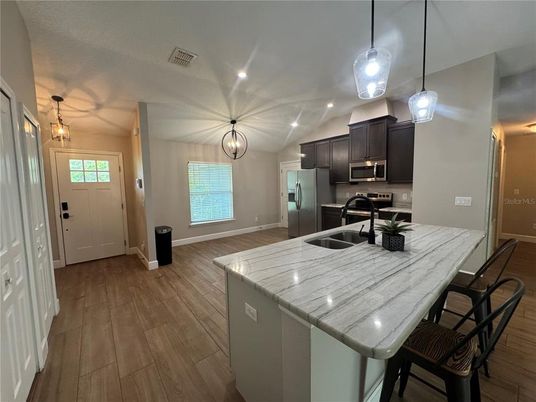 Interior, Kitchen, Pendant Lights, Recessed Lighting, Stainless Steel Appliances, Wood Texture Flooring