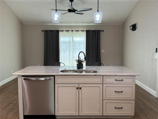 Interior, Kitchen, Pendant Lights, Wood Texture Flooring