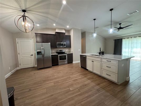 Interior, Kitchen, Pendant Lights, Recessed Lighting, Stainless Steel Appliances, Wood Texture Flooring