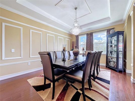 Chandelier, Dining room, Interior, Wood Texture Flooring