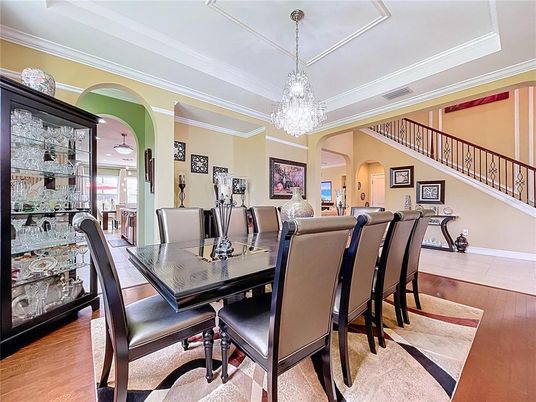 Chandelier, Dining room, Interior, Wood Texture Flooring