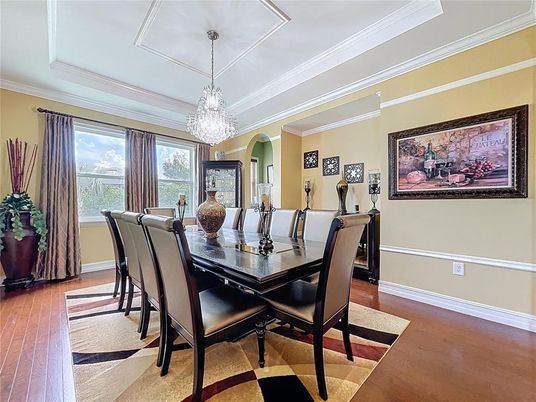Chandelier, Dining room, Interior, Wood Texture Flooring