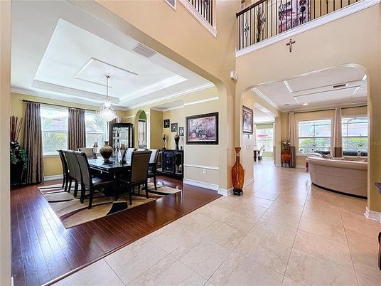 Chandelier, Dining room, Interior, Living room, Recessed Lighting, Wood Texture Flooring