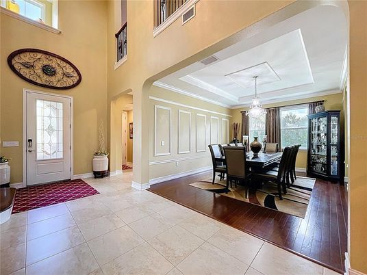 Chandelier, Dining room, Interior, Wood Texture Flooring