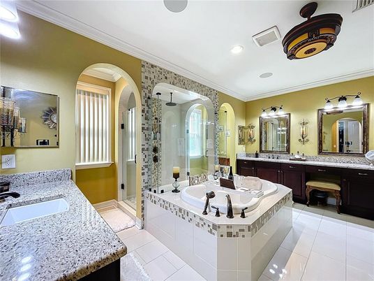 Bathroom, Dual Sink Vanities, Glass Shower, Interior, Recessed Lighting