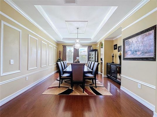 Chandelier, Dining room, Interior, Wood Texture Flooring