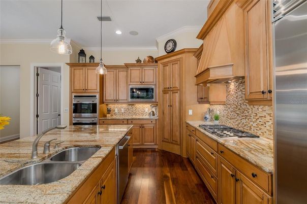 Interior, Kitchen, Pendant Lights, Recessed Lighting, Stainless Steel Appliances, Wood Texture Flooring