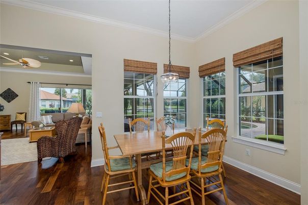 Dining room, Interior, Living room, Pendant Lights, Recessed Lighting, Wood Texture Flooring