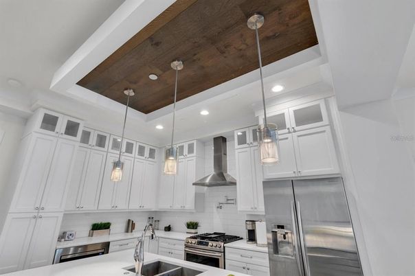 Interior, Kitchen, Pendant Lights, Recessed Lighting, Stainless Steel Appliances, Wooden Ceilings