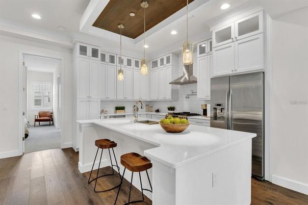 Interior, Kitchen, Pendant Lights, Recessed Lighting, Stainless Steel Appliances, Wooden Ceilings, Wood Texture Flooring