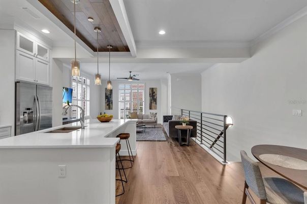 Interior, Kitchen, Living room, Pendant Lights, Recessed Lighting, Stainless Steel Appliances, Wood Texture Flooring