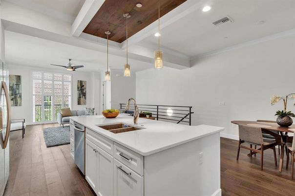 Dining room, Interior, Kitchen, Pendant Lights, Recessed Lighting, Wooden Ceilings, Wood Texture Flooring