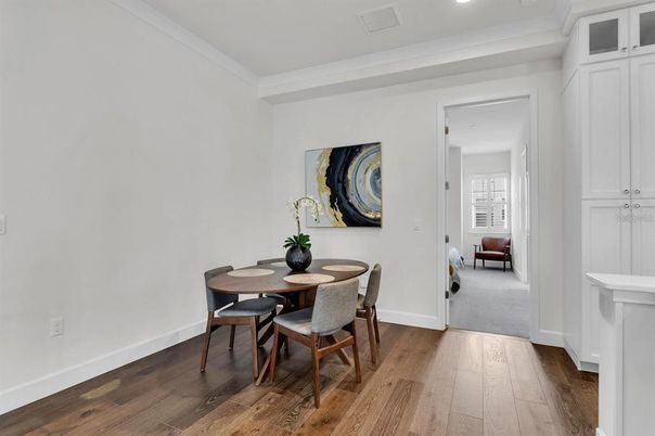 Dining room, Interior, Recessed Lighting, Wood Texture Flooring