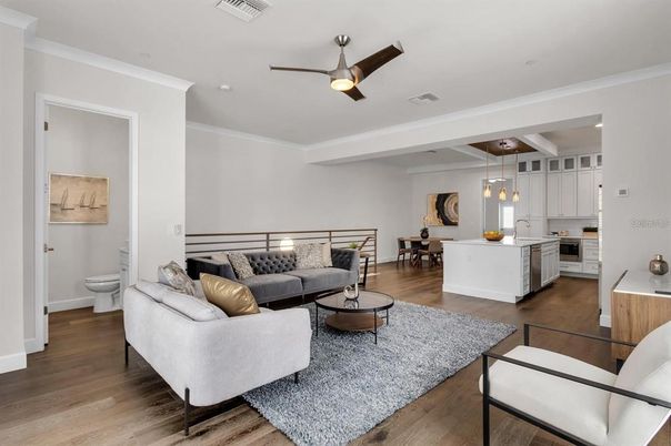 Interior, Kitchen, Living room, Pendant Lights, Recessed Lighting, Wood Texture Flooring