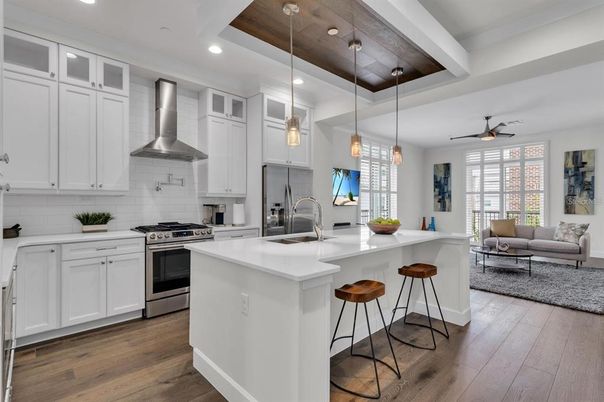 Interior, Kitchen, Living room, Pendant Lights, Recessed Lighting, Stainless Steel Appliances, Wood Texture Flooring