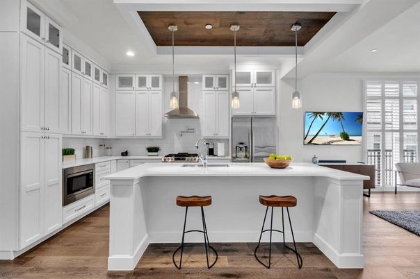 Interior, Kitchen, Pendant Lights, Recessed Lighting, Stainless Steel Appliances, Wooden Ceilings, Wood Texture Flooring