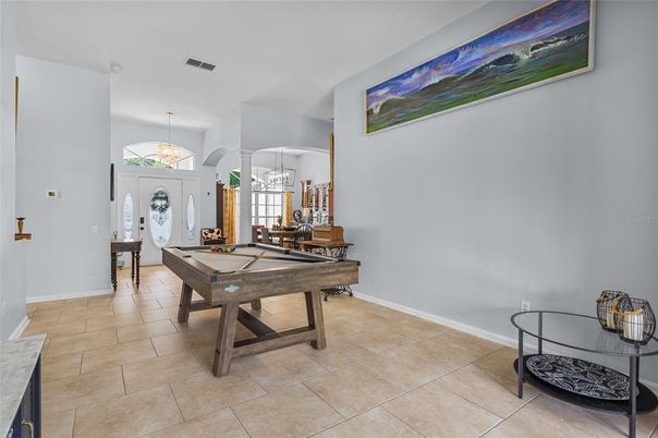 Billiard Table, Chandelier, Game Room, Interior, Pendant Lights
