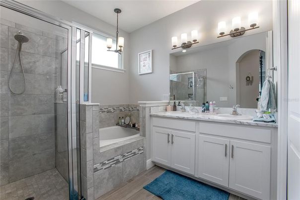 Bathroom, Dual Sink Vanities, Glass Shower, Interior, Pendant Lights