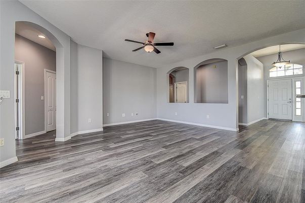Empty room, Interior, Pendant Lights, Recessed Lighting, Wood Texture Flooring