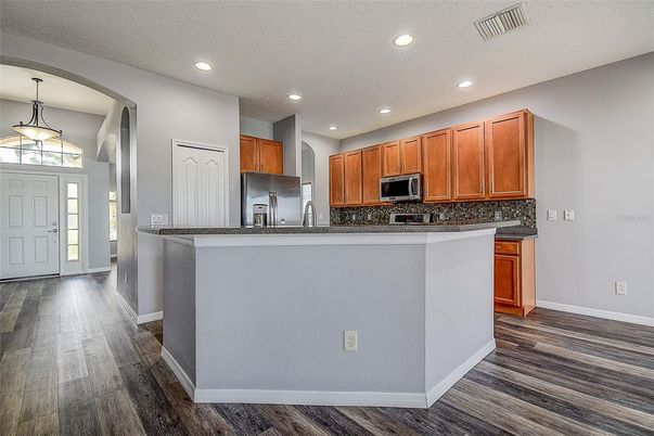 Interior, Kitchen, Pendant Lights, Recessed Lighting, Wood Texture Flooring