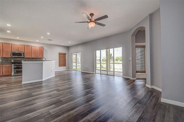 Empty room, Interior, Kitchen, Recessed Lighting, Wood Texture Flooring