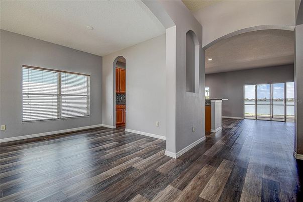 Empty room, Interior, Recessed Lighting, Water, Wood Texture Flooring