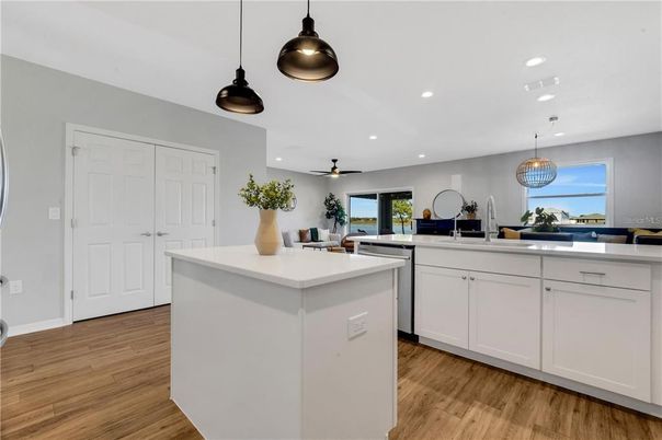 Interior, Kitchen, Pendant Lights, Recessed Lighting, Wood Texture Flooring